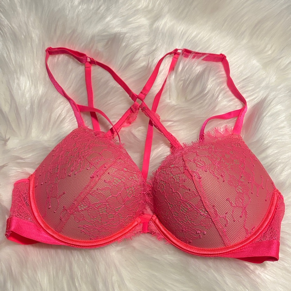 Victoria’s Secret hot pink very sexy push-up front close bra 36B strappy lace